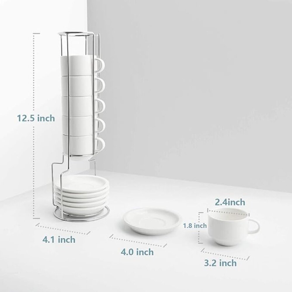 Sweese Porcelain Stackable Espresso Cups with Saucers and Metal Stand | 2.5 oz - Picture 2 of 4